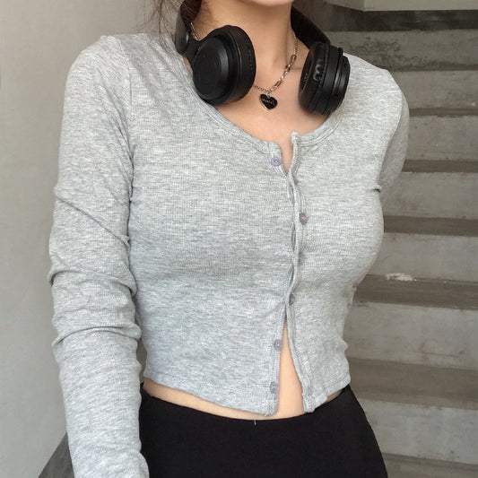 European and American ins fashion solid color U-neck long-sleeved knitwear tops in autumn new hot girls slim slim crop top T-shirt
