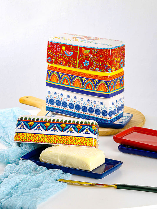 European and American American-style ceramic butter box creative underglaze color plate with cover rectangular snack plate butter plate tray