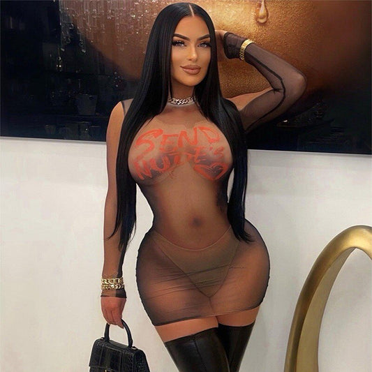 Coco Witch Pure Lust Nightclub Hot Sheer Long Sleeve Crew Neck Slim Mood Hip Wrap Print Sexy Dress