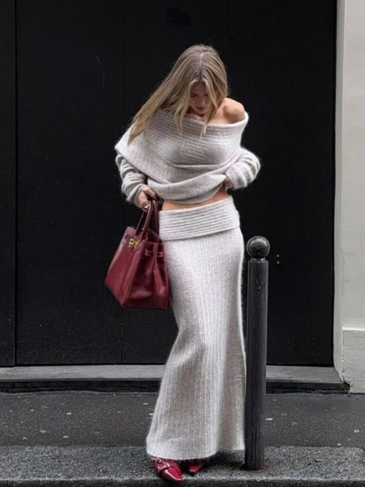 Lazy style one-shoulder sweater + mermaid skirt two-piece set 2026 fall new hot girl fashion set trend