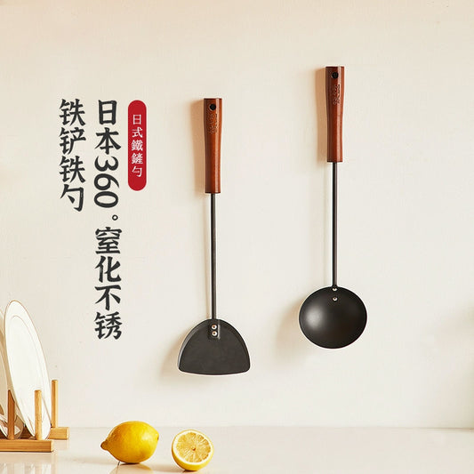 Japanese nitride stainless steel shovel iron spoon high purity iron uncoated extended rosewood handle household high-grade stir-frying shovel
