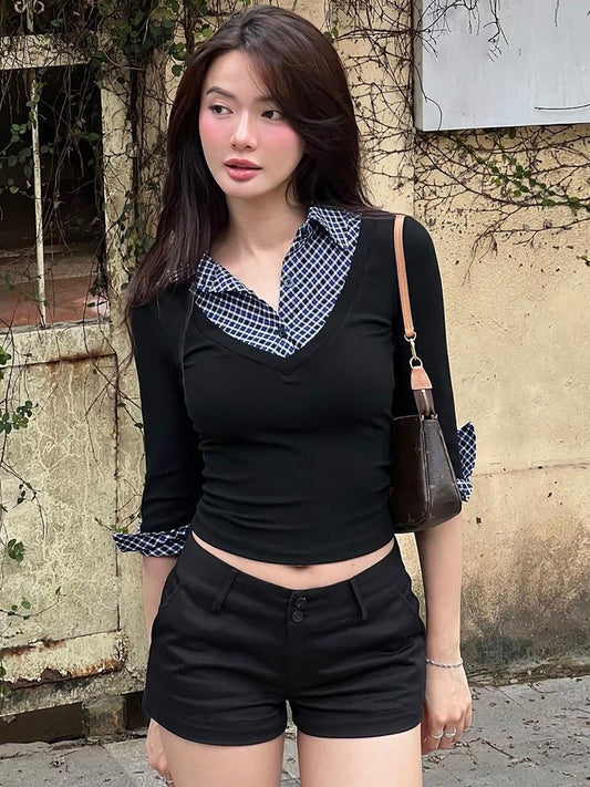 American retro plaid patchwork POLO fake two-piece mid-sleeved top 2026 early autumn new hot girl short T-shirt