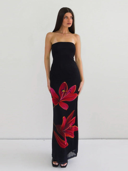 European and American ins fashion flower print bandeau dress 2026 summer new hot girl slim hip length skirt women