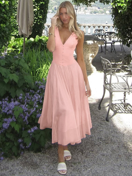 Elegant Pink Chiffon Breasted V-Neck Sleeveless Dress 2026 Summer New Slim Mesh Patchwork Long Skirt Women