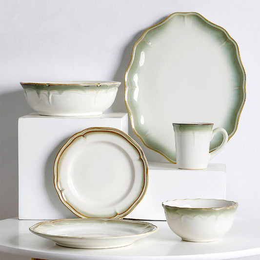 Sale European Foreign Trade Ceramic Plate Irregular Western Plate Embossed Flat Plate Household Retro Large Tray Fish Plate