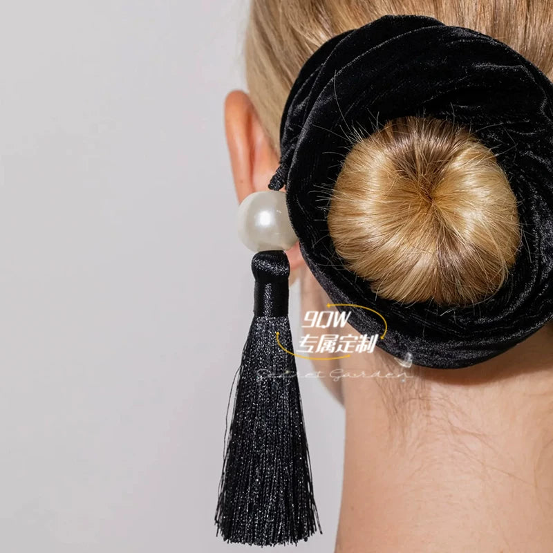 9QW new European and American style retro high-end feeling ball head Chinese pearl tassel scrunchie hair ornament less hair volume head rope