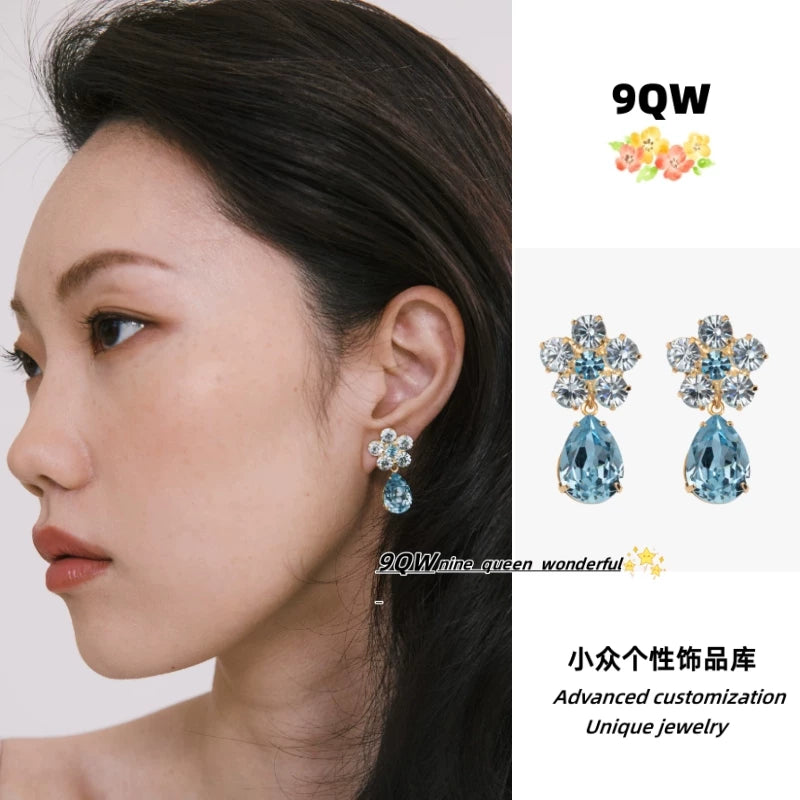 9QW self-made light luxury style spring and summer color contrast with crystal plum blossom pendant earrings women's high-end earrings