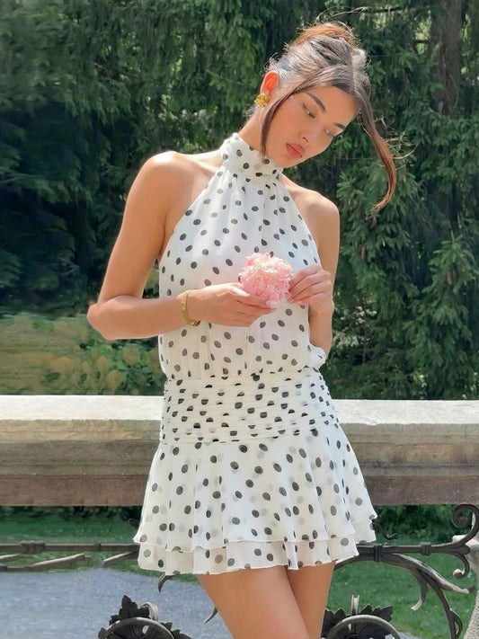 Pure desire polka dot print halterneck lace-up sleeveless dress 2026 summer new hot girl sexy backless skirt