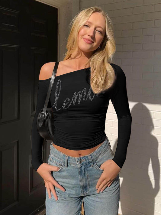 Slanted shoulder letter hot diamond long-sleeved top 2026 spring new hot girl slim slim and versatile short base T-shirt
