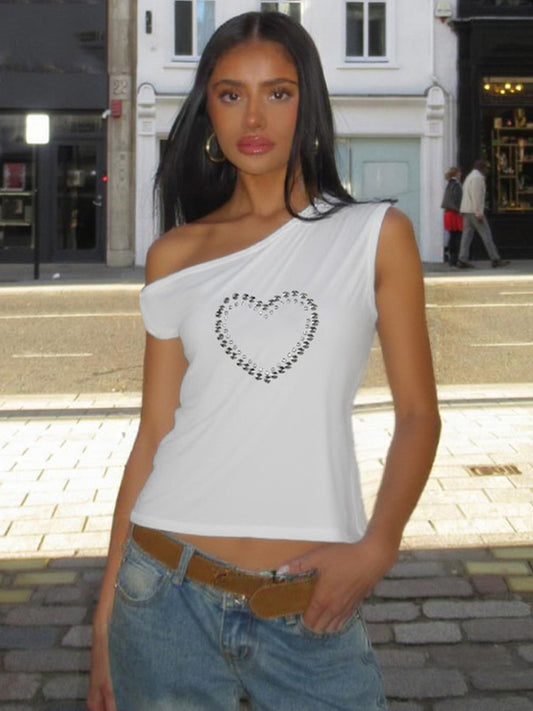 American fashion love metal embellishments white slanted shoulder sleeveless top hot girl casual slimming versatile cropped top