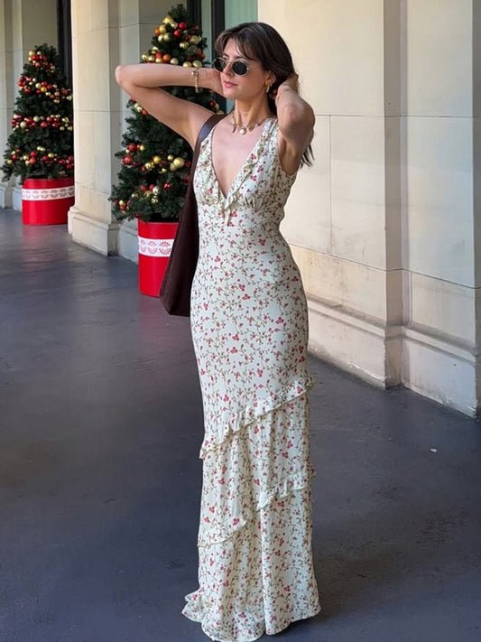 French romantic temperament V-neck sleeveless floral dress 2026 summer outfit hot girl slim slim long skirt female