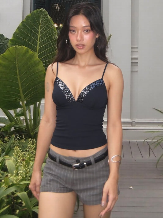 Design sequin splicing V-neck camisole, 2026 summer new hot girl slim slim short versatile T-shirt