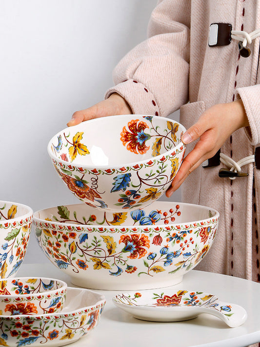 European and American French salad bowl round household soup bowl creative large and basin fruit bowl small fresh floral bowl