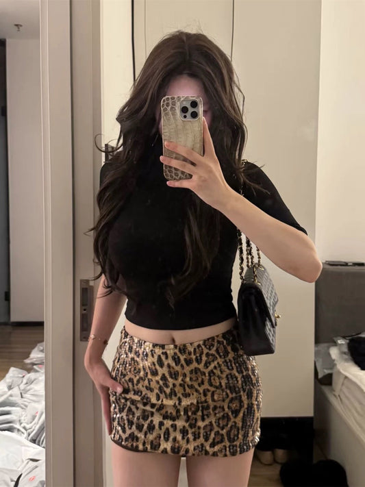 Hong Kong-style fashion leopard print sequin skirt 2026 summer new hot girl slim slim and versatile hip-hugging skirt trend