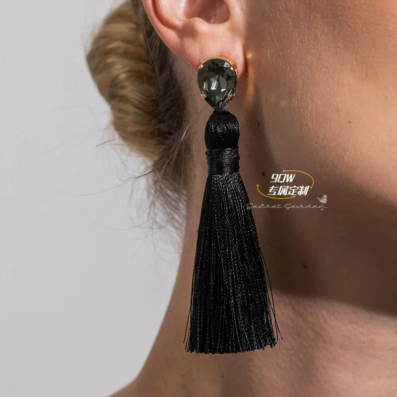 9QW self-made long tassel earrings, light luxury, high-end sense aura, strong high and cold, royal sister style, face and fashionable earrings