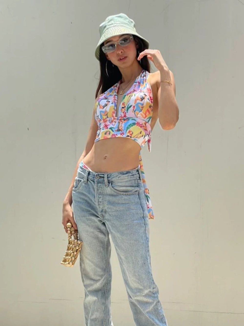 y2k millennial hot girl barbie cartoon print small camisole summer cute sweet girl halter short top