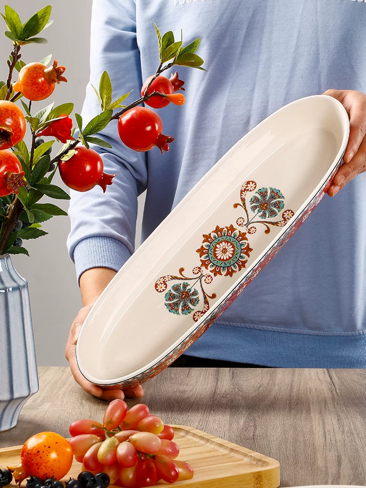 OMK French Oval Plate Creative Ceramic Bread Plate Dried Fruit Snack Plate for Home Personality Vintage Long Dinner Plate