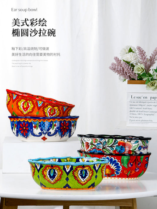 OMK Creative Painted Home Fruit Salad Bowl Beautiful Ceramic Bread Bowl Special-shaped 9 Inch Personalized Dish Bowl