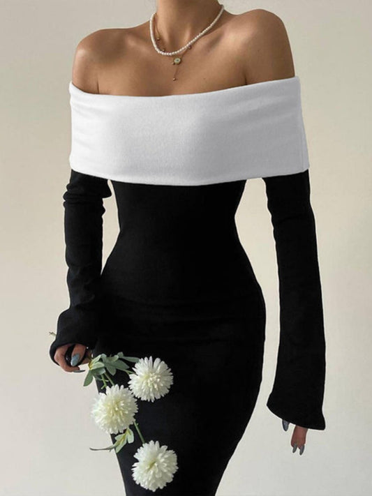 French temperament color-blocking one-shoulder long-sleeved dress 2026 spring/summer new hot girl slim slim hip skirt