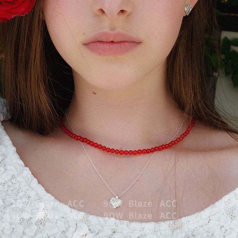 9QW new Chinese accessories national style red beads exquisite and small necklace encore red stacked collarbone chain women
