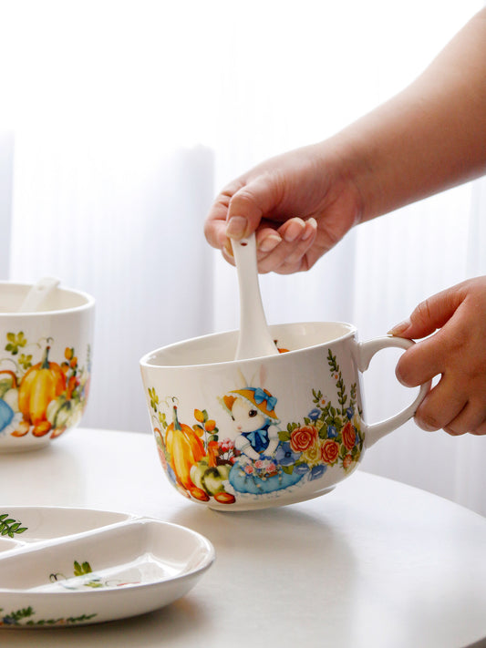 OMK French Pumpkin Rabbit Ceramic Mug 850ml Large Capacity Dessert Breakfast Cereal Mug with Spoon Soup Cup