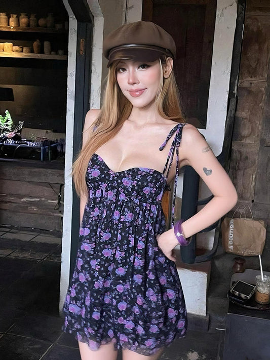 Dreamy purple floral slip dress 2026 summer wear sweet and spicy style vacation slimming mesh temperament short skirt