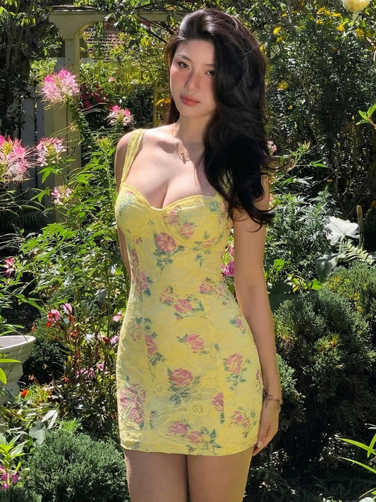 Girly style yellow lace patchwork floral slip dress 2026 summer new hot girl slim temperament short skirt