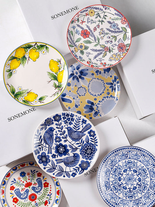 Creative Painted Ceramic Plate Home Salad Plate Round Dish Plate High Value Breakfast Snack Flat Plate Gift Set