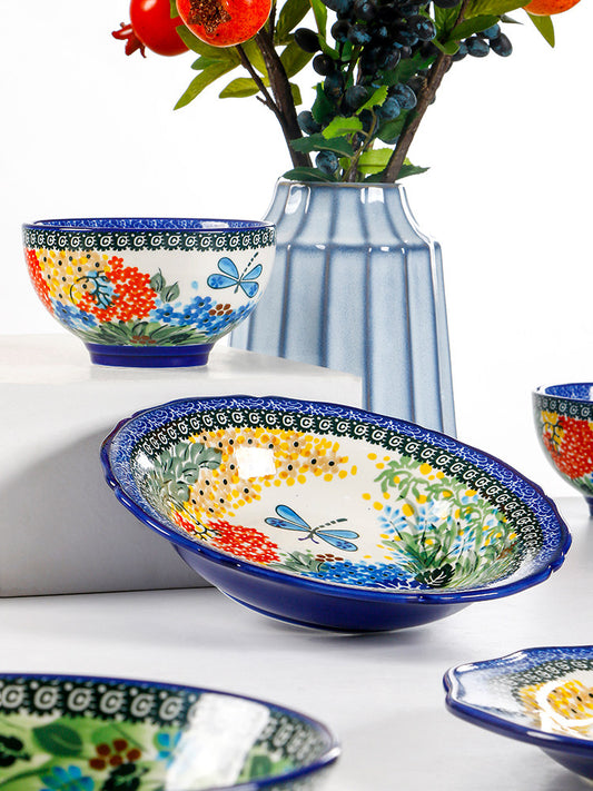OMK creative Poland style ceramic plate hand painted underglaze color irregular straw hat soup plate home dish bowl combination