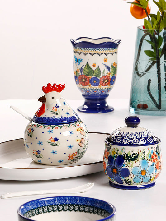 OMK Creative Polish Style Ceramic Seasoning Jar Home Underglaze Niche Personality Salt Jar with Spoon Large Capacity Sugar Jar
