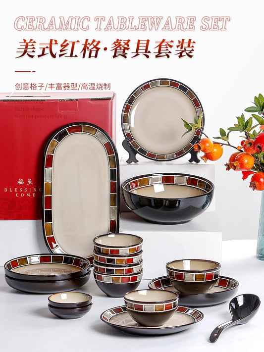OMK American Red Plaid Ceramic Plate Rice Bowl Home Vintage Tableware Set Personality Wedding Housewarming Gifts
