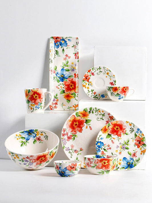 Spring Creative Small Fresh Ceramic Breakfast Plate Round Dish Plate Home Microwaveable Flat Plate Dim Sum Tray