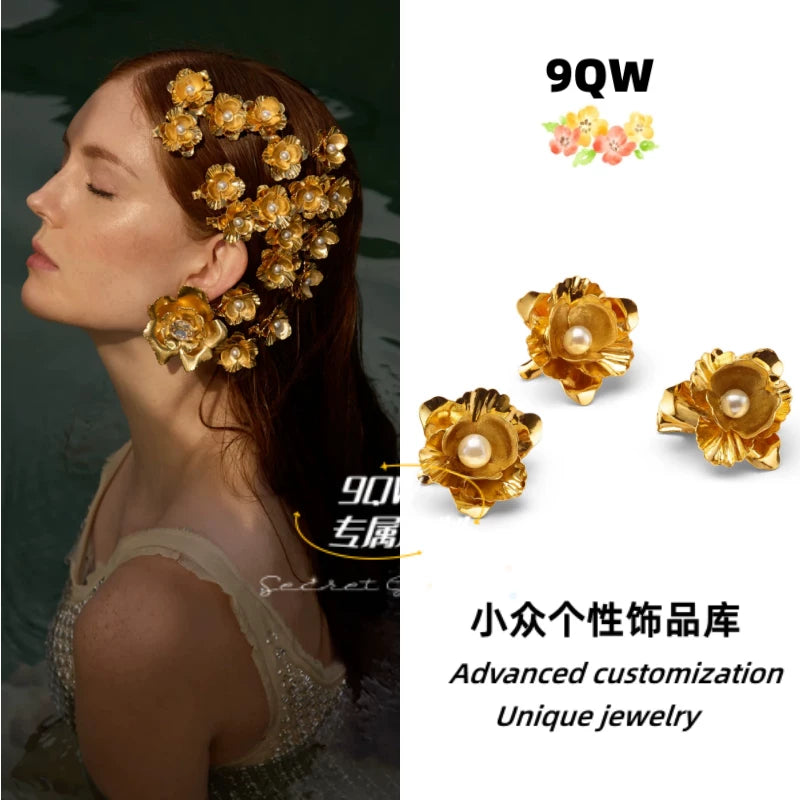 9QW European and American bloggers ins retro style personalized three-dimensional flower hairpin bangs clip niche high-end hair accessories and headdresses