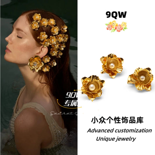 9QW European and American bloggers ins retro style personalized three-dimensional flower hairpin bangs clip niche high-end hair accessories and headdresses