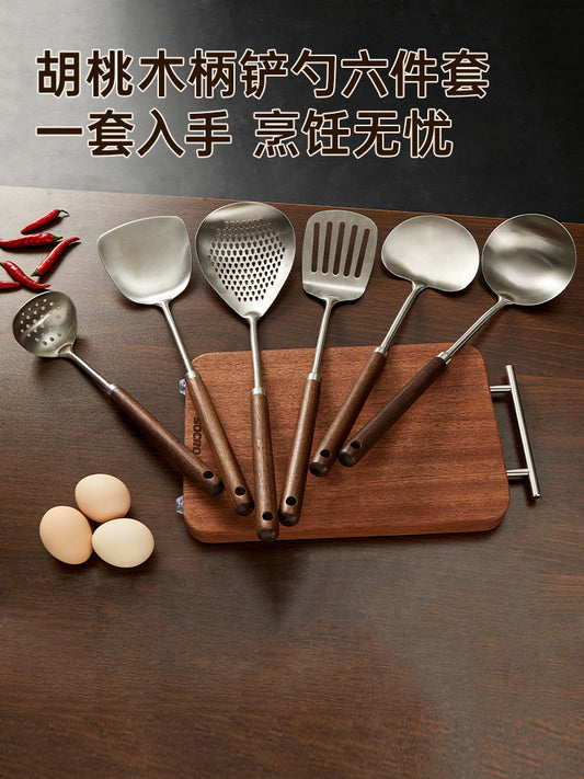 Full set of spatula set stainless steel stir-fry kitchenware set spatula spoon six-piece set for household wooden handle mushroom spatula colander