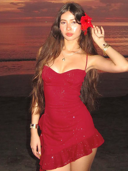 Resort style fashion shiny ruffle irregular slip dress hot girl fashion out of the film sequin short skirt girl
