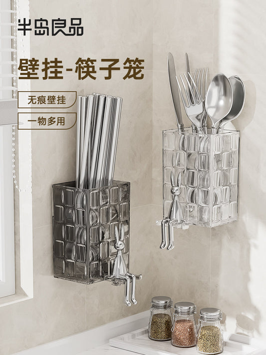 2024 New Chopstick Cage Chopsticks Storage Box Household Drainage Basket Chopstick Barrel Wall Mounted No Punching Kitchen Rack