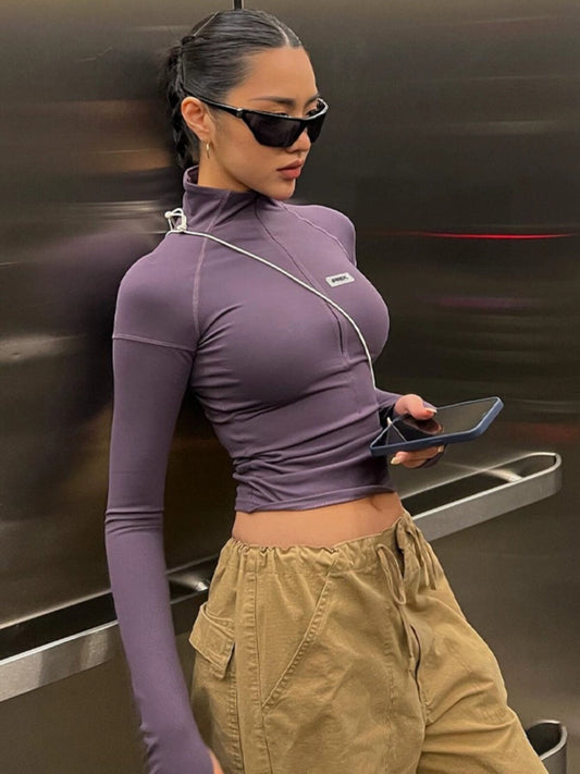 European and American ins fashion purple semi-turtleneck tight long-sleeved top 2026 early autumn new hot girl versatile short T-shirt
