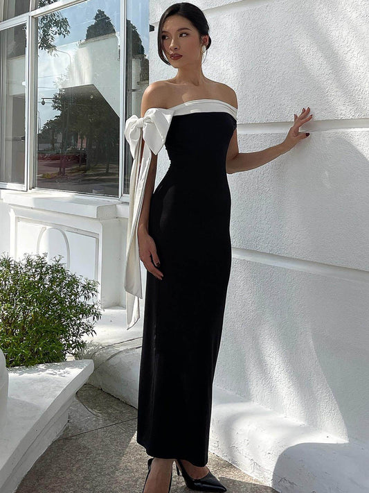 French socialite, black and white contrasting streamers, one-shoulder dress, hot girl banquet temperament, slim and thin, hip-wrapping long skirt