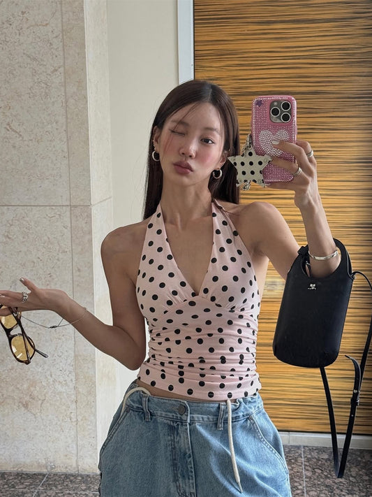 French pure desire turmoil V-neck halterneck strappy top 2026 summer outfit hot girl sexy backless vest trend