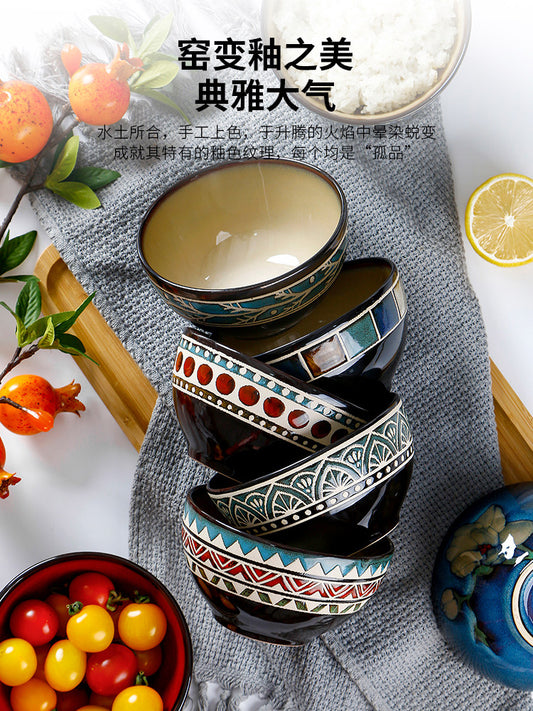 OMK Vintage Kiln Glazed Ceramic Rice Bowl Home Use 4.8 Inch Good-looking Personal Bowl Set Underglaze Color