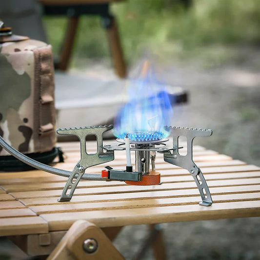 Outdoor windproof stove camping stainless steel live lighter stove foldable with valve three leg gas tank burner