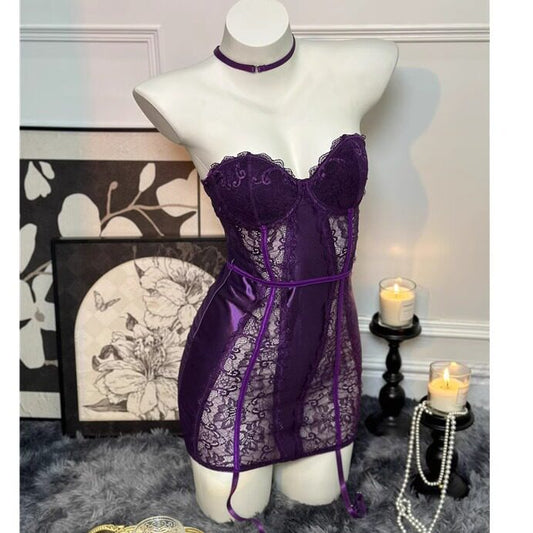 Coco Witch New Charming Babes Purple Bandeau Slim Fit Lace Stitching Sister Garter Dress Nightdress