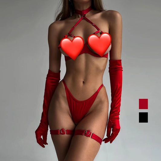 Sexy pure lust hot temptation thin underwire gathered anti-sagging halterneck three-piece set sex free underwear women
