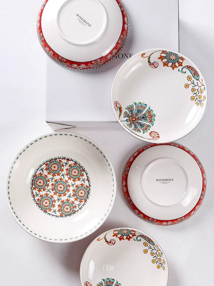 Creative Salad Bowl Plate Set Red Ceramic Tableware Household Large Soup Bowl Deep Vegetable Plate Combo Export Original