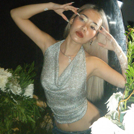 Cool sassy silver bright silk swing neck halterneck camisole 2026 early autumn new hot girl sexy backless top trend
