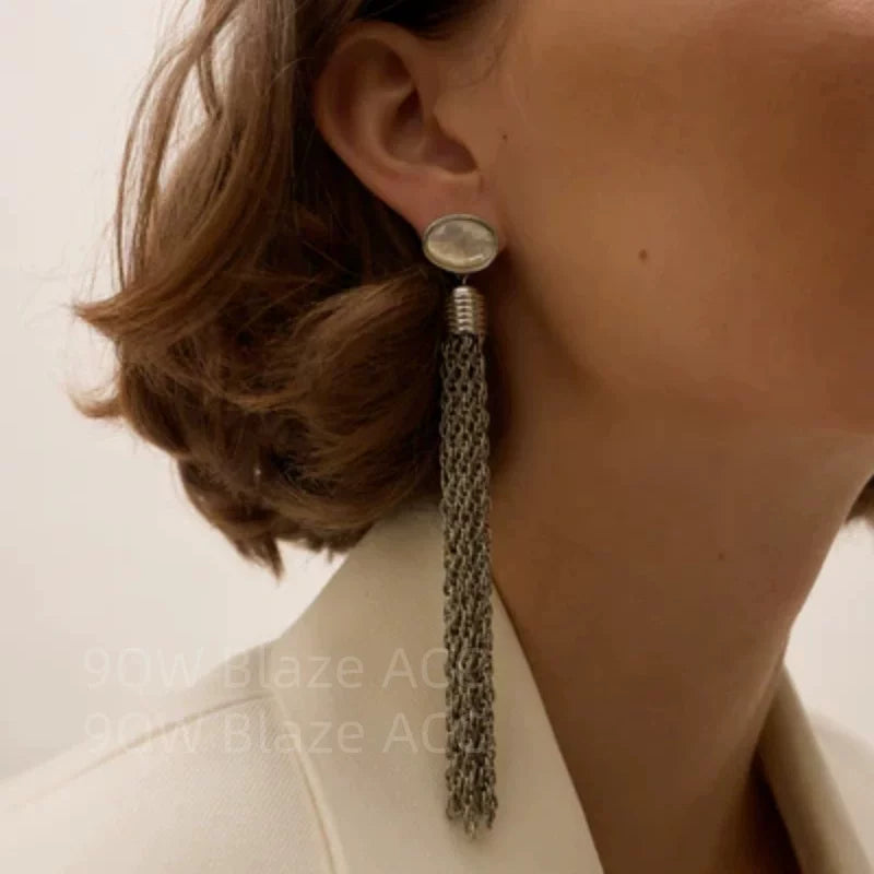 Metal, natural shell, inlaid tassel earrings, showing face, small square and round face, silver temperament, versatile, high-end sense female niche