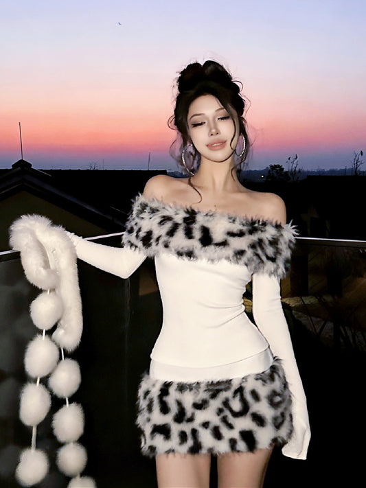 Pure leopard print fur collar spliced one-shoulder long-sleeved top + plush hip-hugging short skirt two-piece fashion set