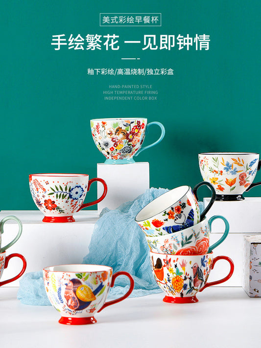 American breakfast mug hand-painted ceramic mug home creative pastoral mug large capacity milk mug oatmeal mug