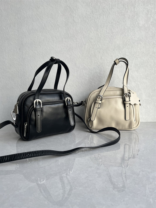 Foreign trade factory tail goods high-quality top-layer cowhide bowling women's bag fashionable and versatile casual handbag shoulder crossbody carrying